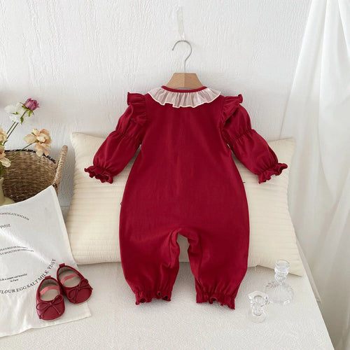 Red cotton baby jumpsuit with long sleeves and double-breasted front, suitable for girls aged 66cm to 90cm