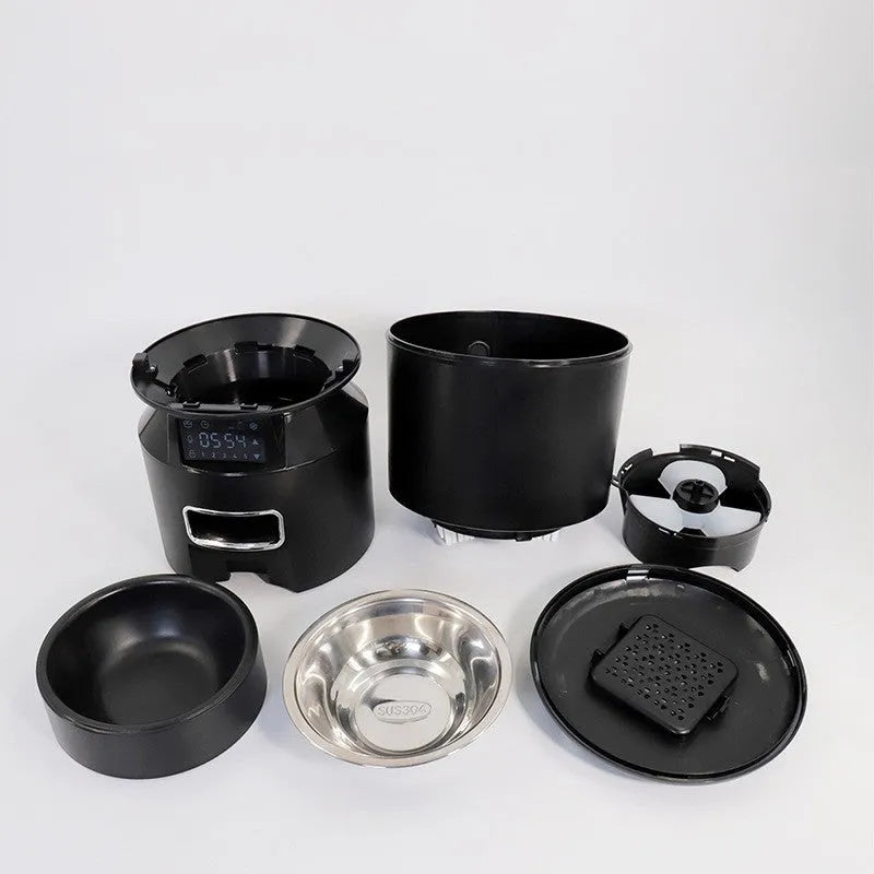 Automatic pet feeder for cats and dogs, 20x34x32.7cm, with food plate, power cord, adapter, and desiccant