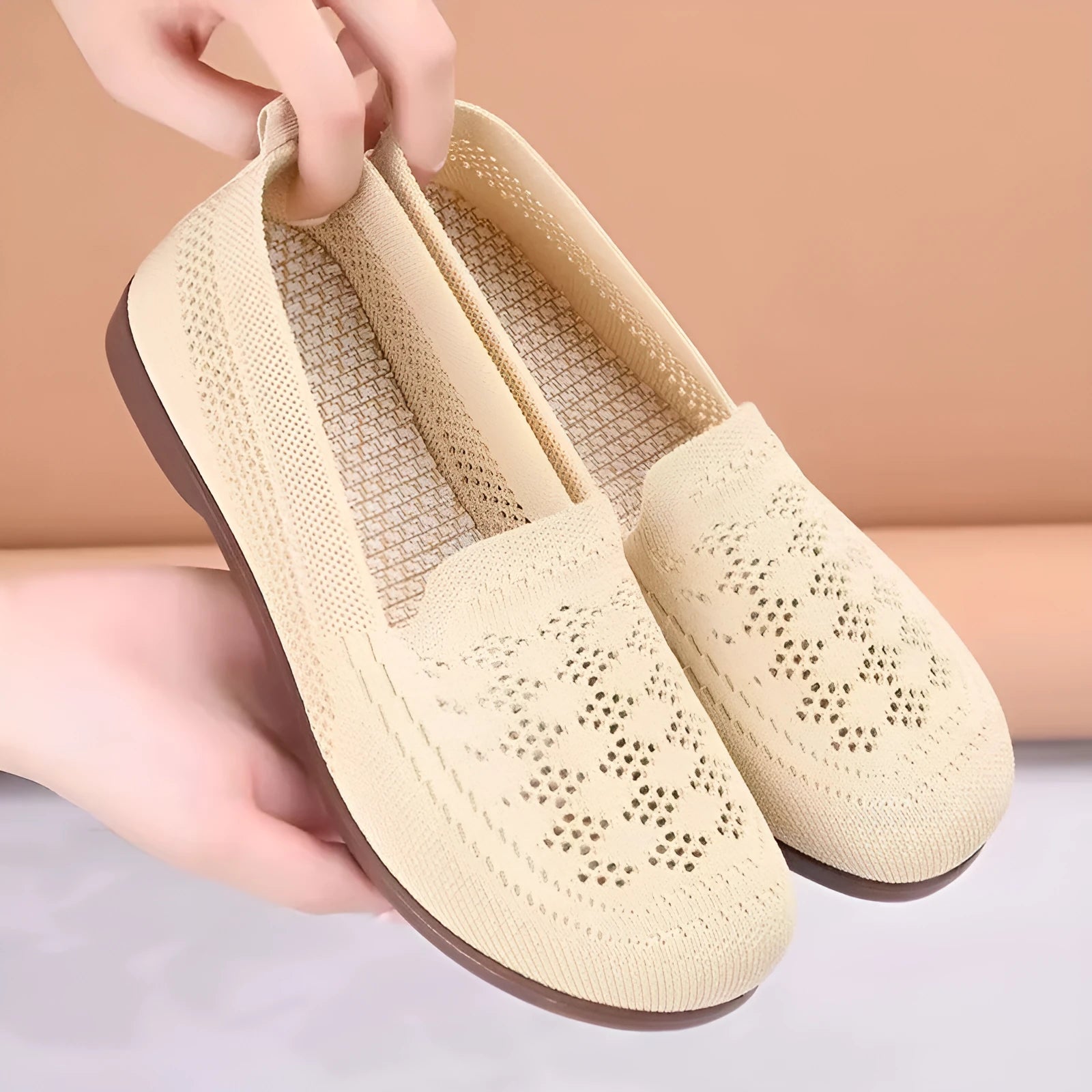 Women's beige antiskid casual shoes with Flyknit mesh upper and PVC sole for elderly wearers