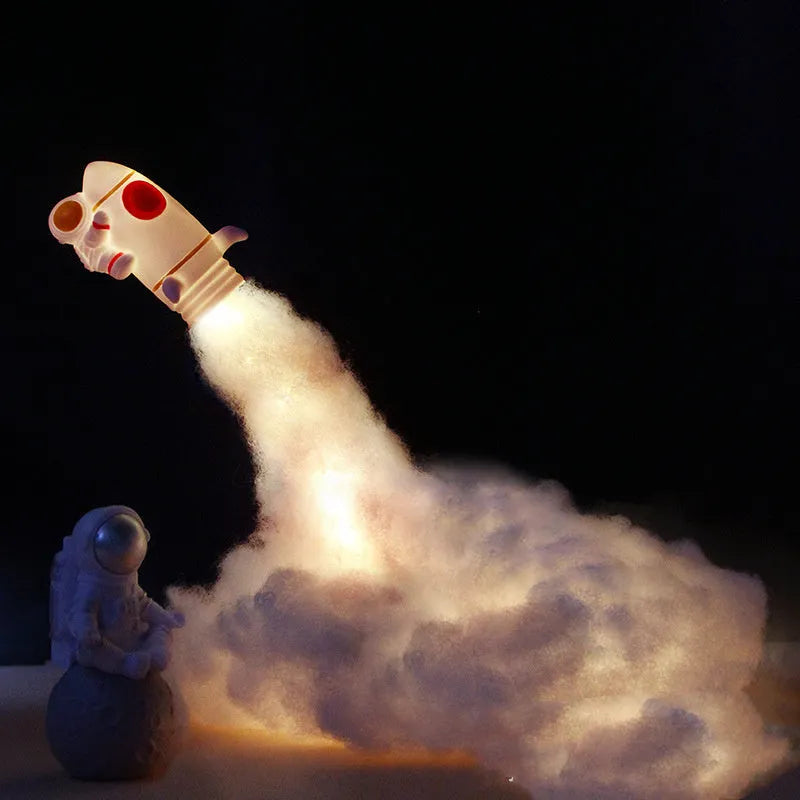 DIY astronaut rocket LED night light kit with warm white string lights and 19cm base, shown disassembled with materials.