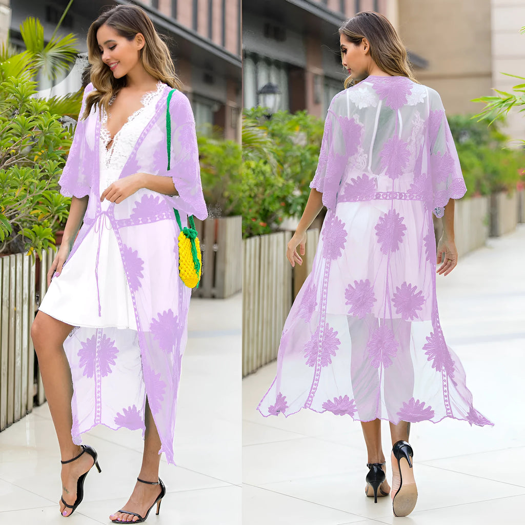 Light purple lace embroidery beach dress swimsuit cover-up on a hanger.