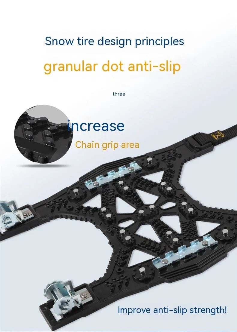 Universal car SUV snow chains set with steel plates, installation tools, snow shovel and gloves