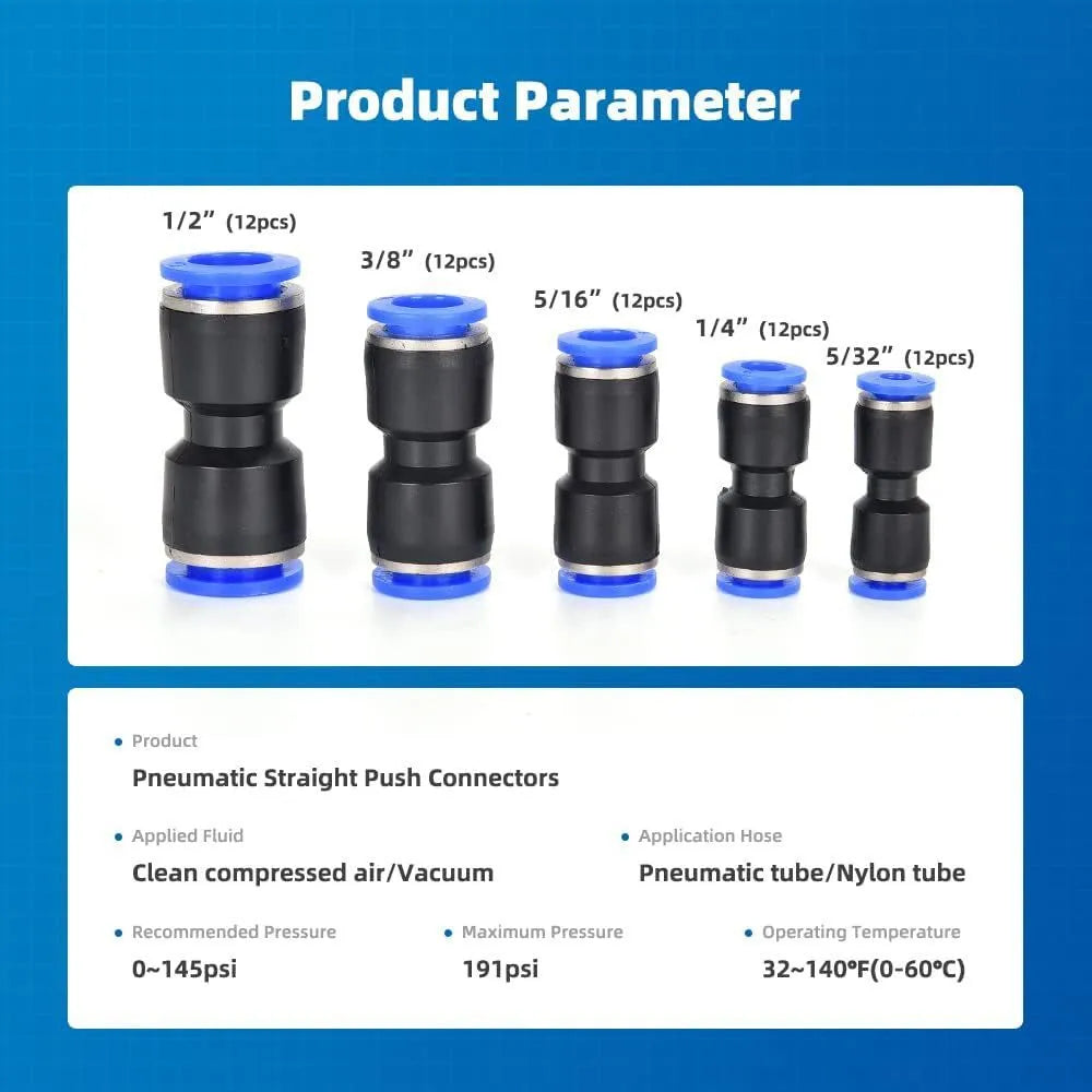 60-piece alloy plastic pneumatic quick-connect connector set with 1/4-inch and 1/2-inch threads.