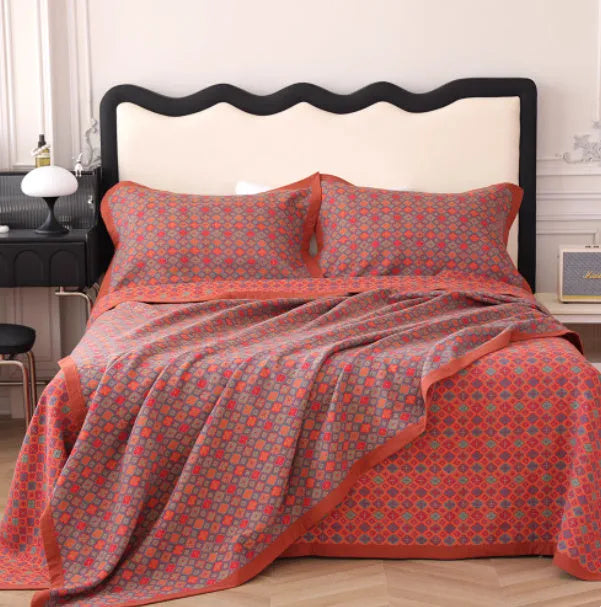 Cotton gauze bed blanket three-piece set with floral pattern in three size options