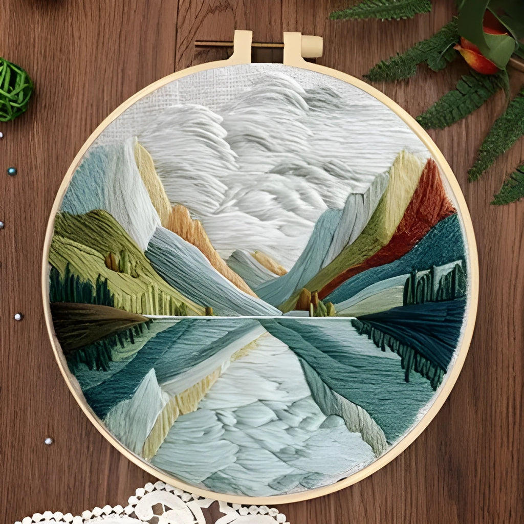 Embroidery DIY kit with landscape printed fabric, threads, needles and 15cm bamboo frame