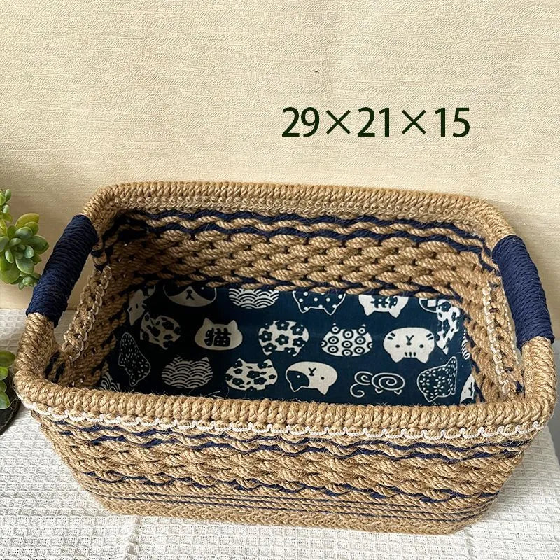 Brown hand-woven rattan rectangular desktop storage basket for snacks and sundries