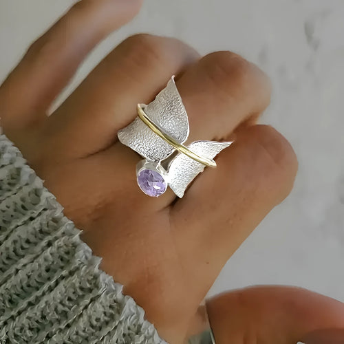 Alloy ring with irregular frosted inlaid watercolour gemstone, electroplated finish, available in sizes No 6 to No 12