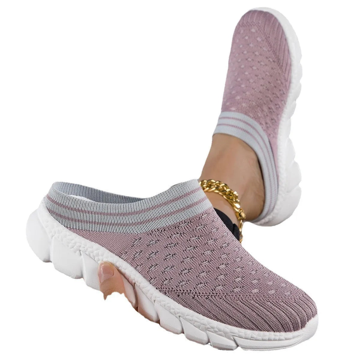 Women's striped Flyknit slipper shoes in sport style with hollow-out design and height increasing soles