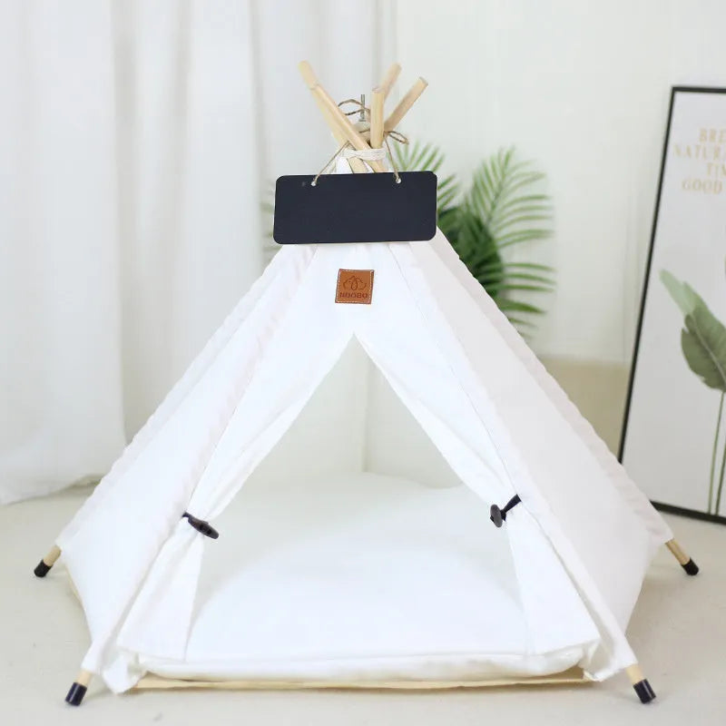 Portable pet teepee tent bed with cushion for small dogs cats rabbits in striped flax linen