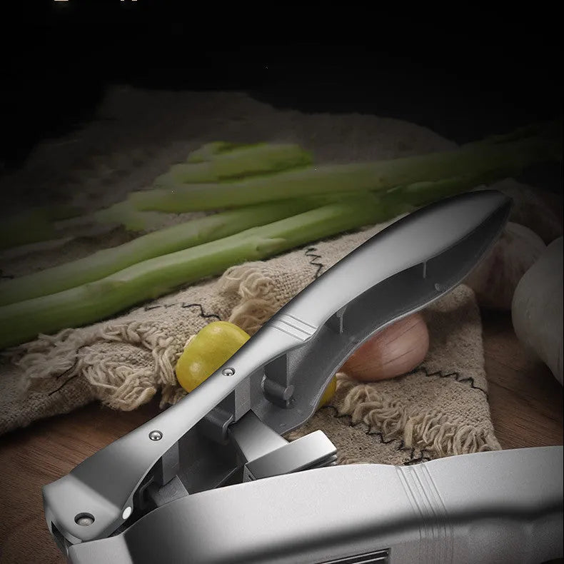 Manual garlic press aluminium alloy silver colour 20cm length on kitchen countertop