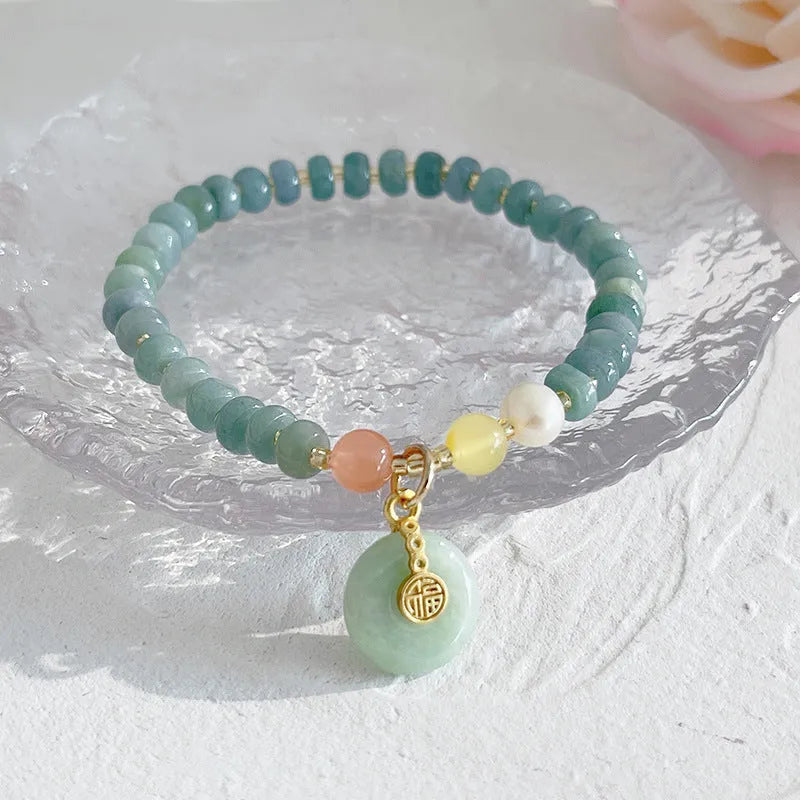 Gourd peace buckle jade bead bracelet for women in four colour options including Hetian jade and strawberry quartz