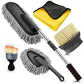 Car dust collector set with five microfiber dusting brushes and retractable handle for home and car use
