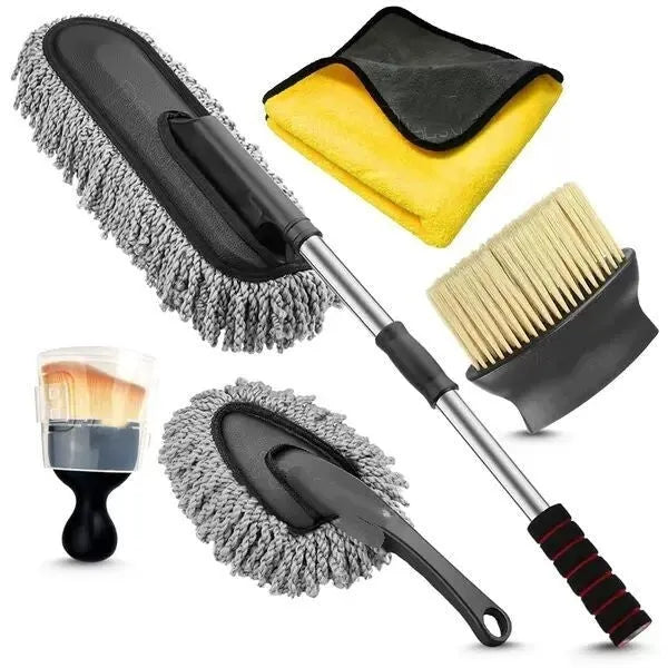 Car dust collector set with five microfiber dusting brushes and retractable handle for home and car use