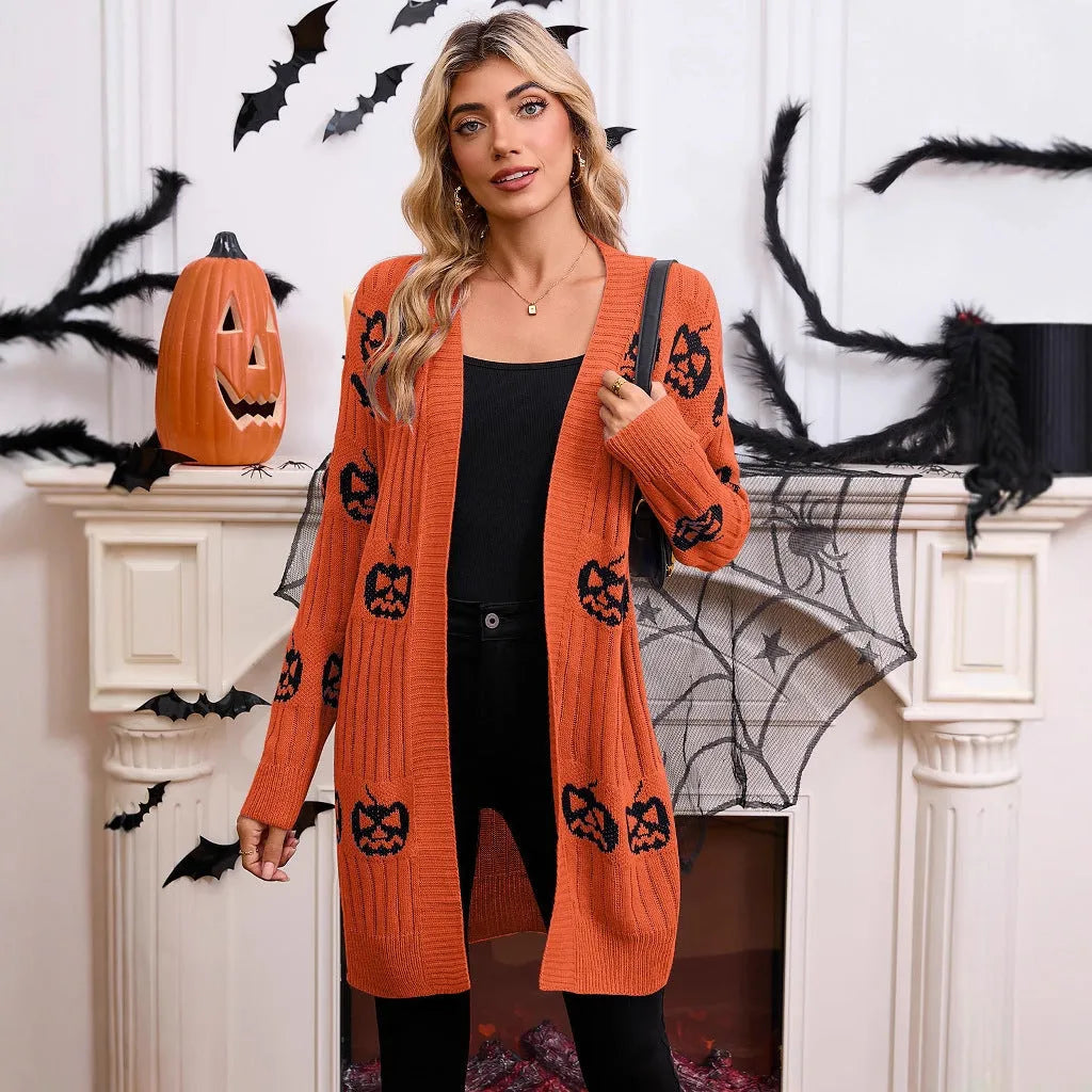 Women's Halloween pumpkin head Jacquard knitted cardigan sweater in straight fit