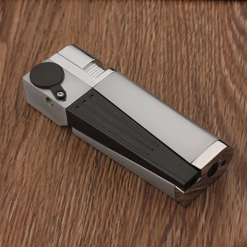 Refillable metal pipe lighter with foldable design showing silver square cover and compact 9.2cm size