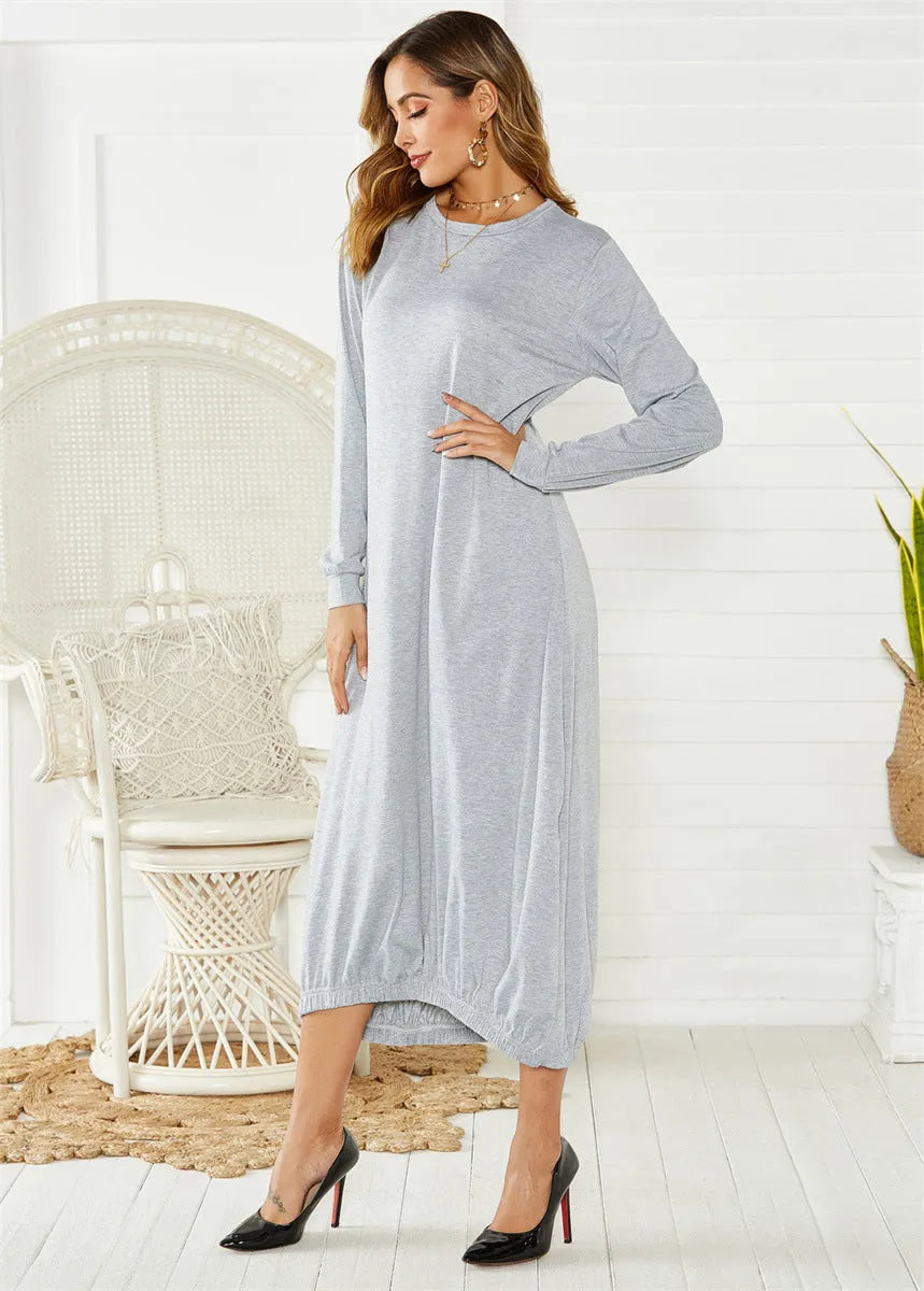 Women's black lantern dress with lace-up crew neck, loose casual silhouette, knitted polyester fabric.