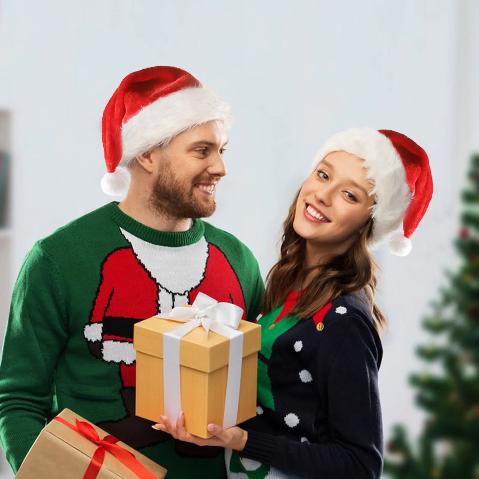 Red and white plush Santa hat with glowing LED lights around the brim and a white pom-pom.