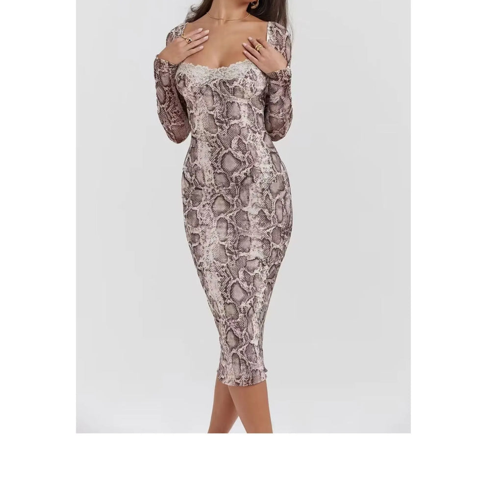 Grey slim fit lace dress with 3D printed pattern and A-line skirt