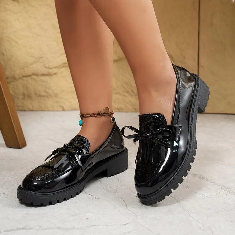 Women's black and brown loafers with bow detail, synthetic PU upper, available sizes 36-43