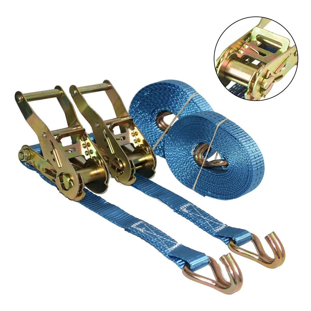 Steel ratchet tensioner fastening strap with double triangular hooks and polyester webbing