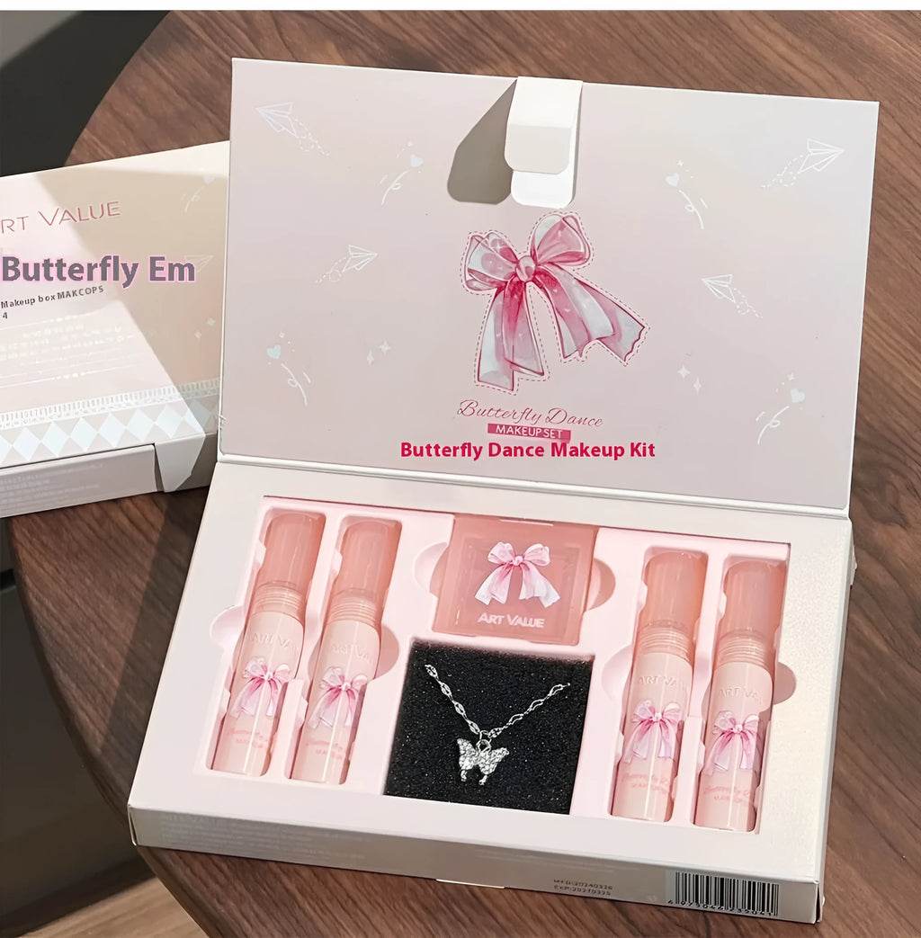 Butterfly box makeup set with pink lip muds, powder blusher, and necklace accessory