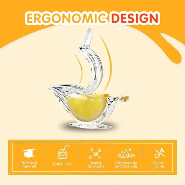 Transparent acrylic bird shaped manual lemon juicer with dimensions 12x3.5x5.1cm on a clean countertop