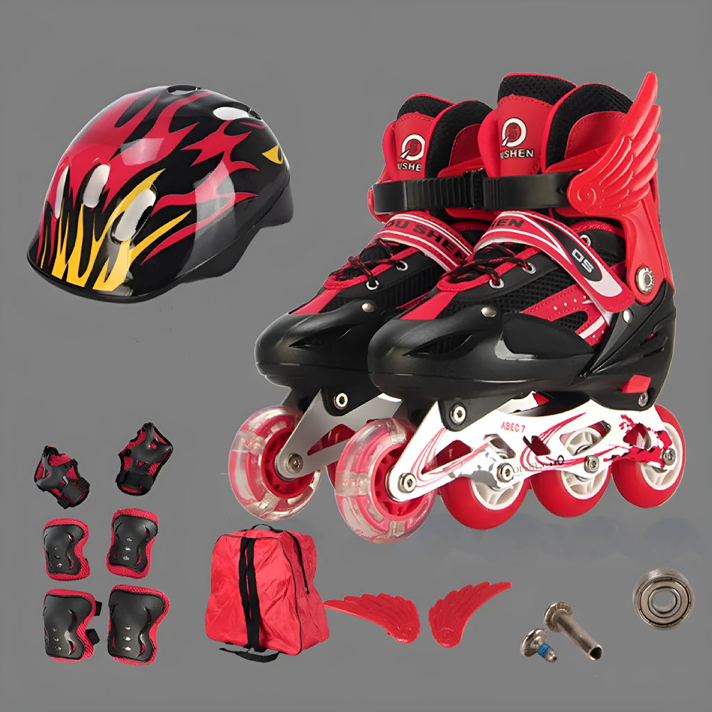 Adjustable children's inline skates in five colours with aluminium frame, helmet and protective gear