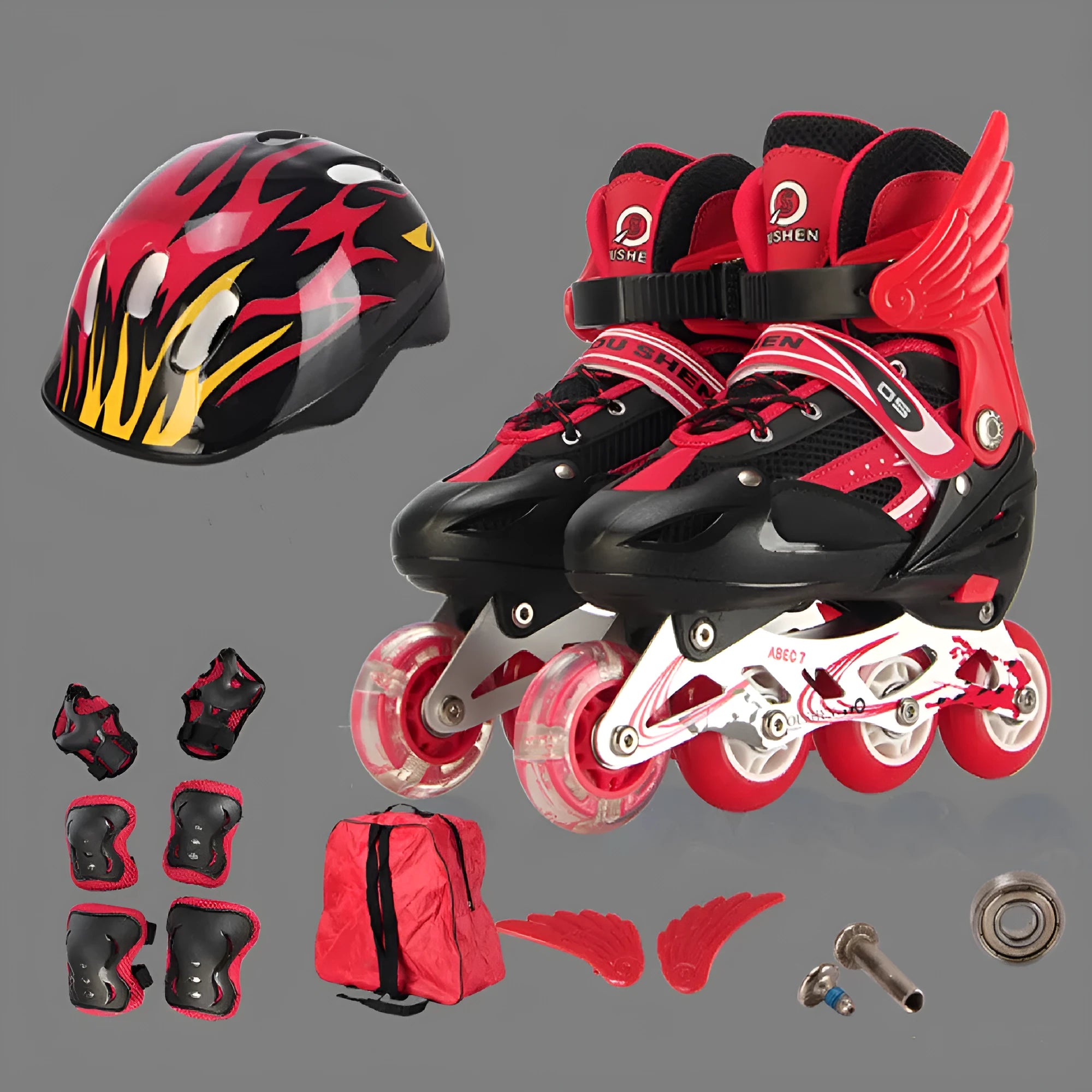 Adjustable children's inline skates in five colours with aluminium frame, helmet and protective gear