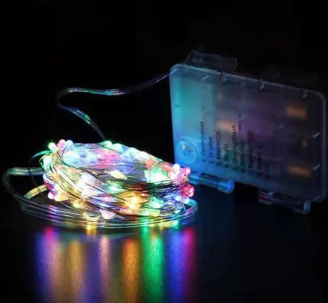 12 metre copper wire battery-operated string lights with 120 LED lamps in multiple colour options