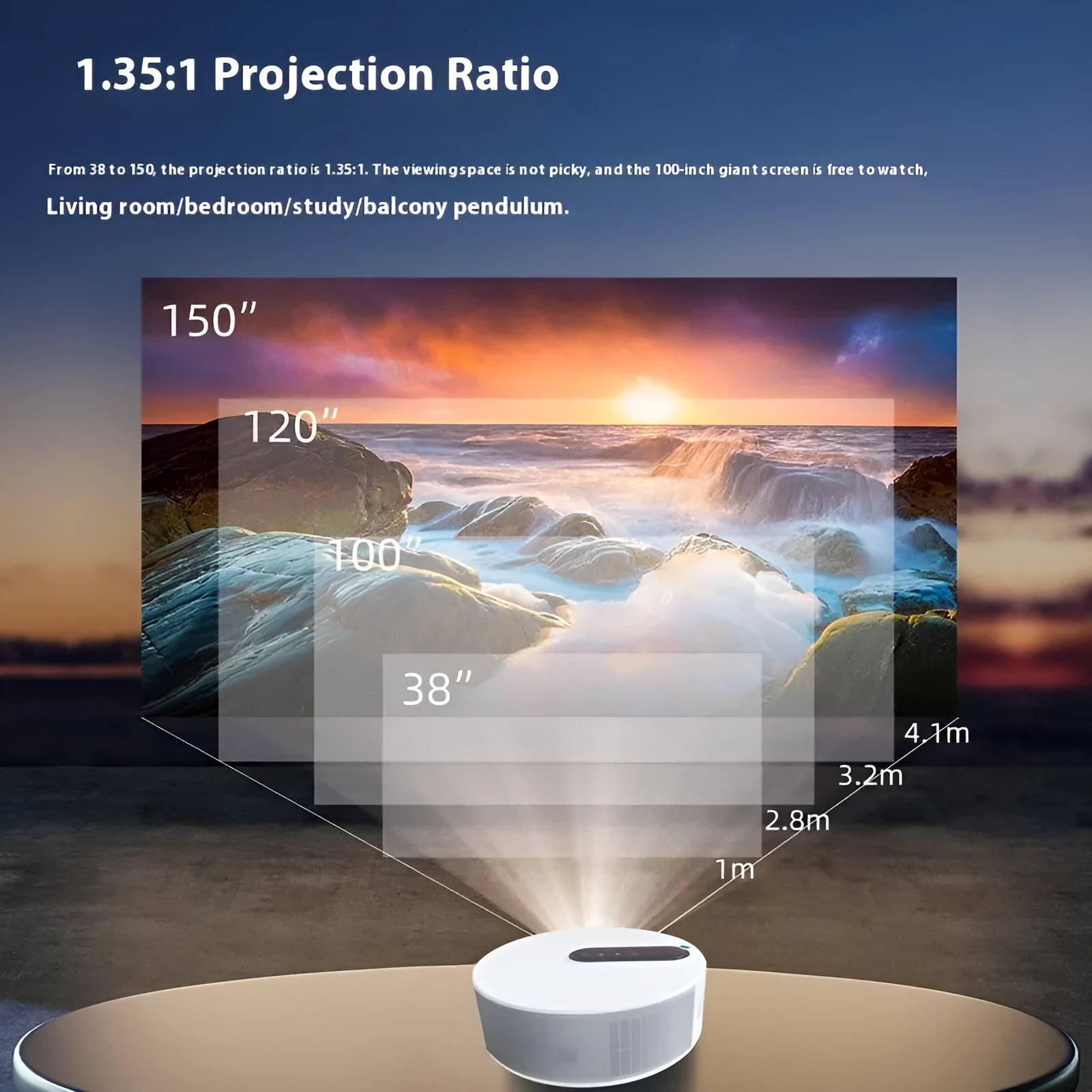 White HD 720p home theatre projector with remote control on a wooden table.
