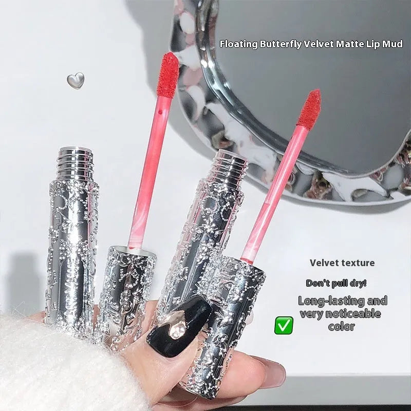 Velvet Mist Lip Mud Matte White Lipstick in six waterproof shades displayed in standard packaging