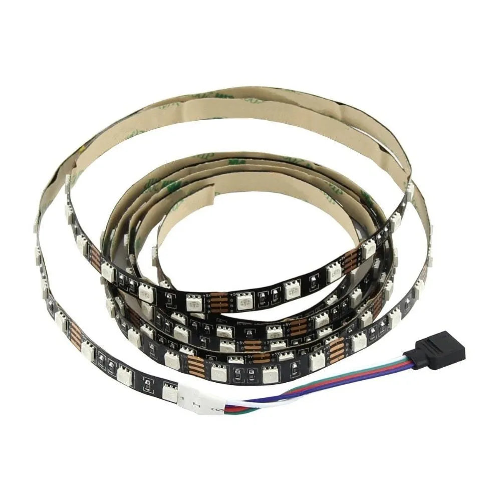 1 metre USB LED light strip showing white, blue, warm white, red, polychromatic, and green colour options