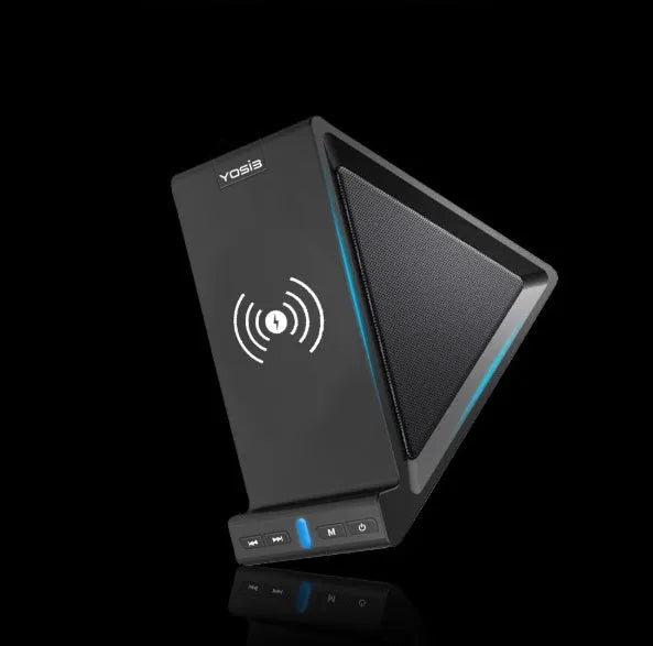 Black multifunctional Bluetooth speaker with built-in power bank and phone stand, showing front and side views.