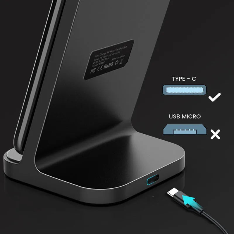 Dark grey vertical wireless charger desktop base for Apple smartphones measuring 70 x 70 x 113 mm