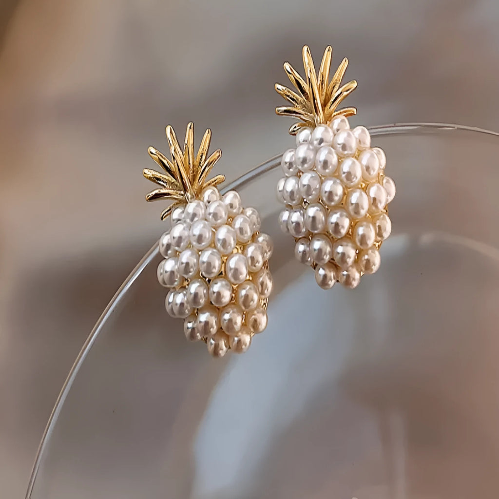 Korean style pineapple and starfish pearl drop earrings in alloy with electroplated finish
