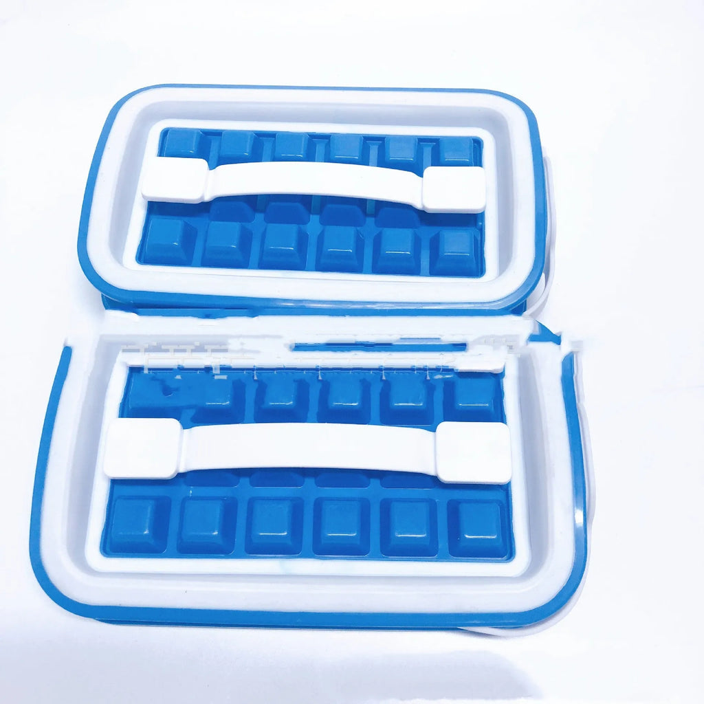 Blue silicone ice cube tray with 36 grids on a white background showing lid and one removed cube
