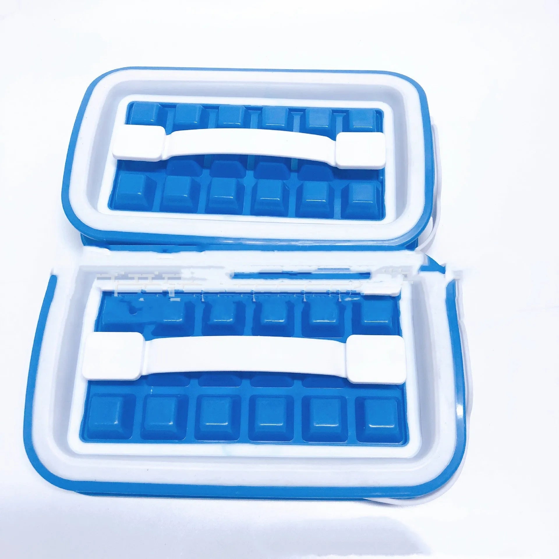 Blue silicone ice cube tray with 36 grids on a white background showing lid and one removed cube