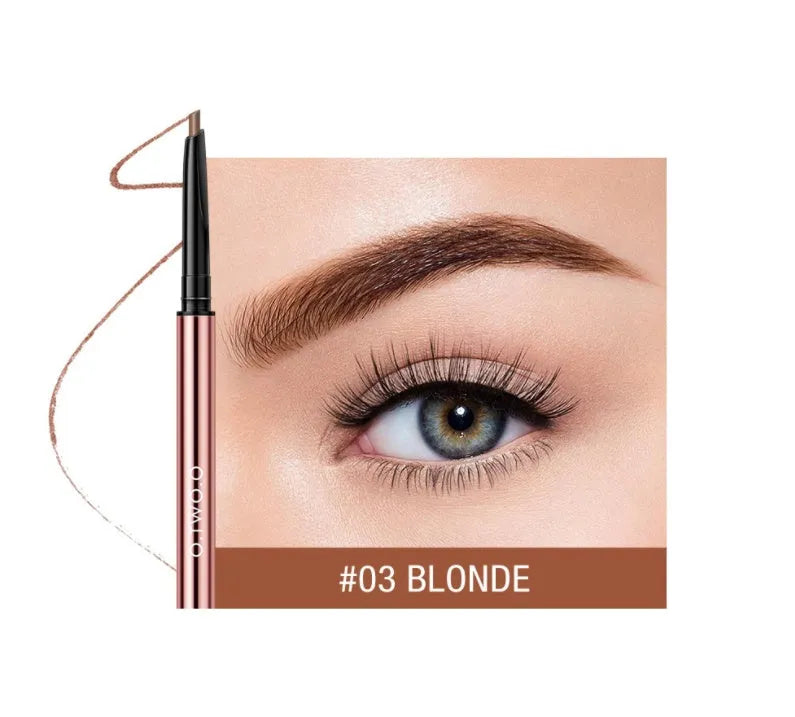 Triangular eyebrow makeup pencil in a colour box with six shade options including Auburn and Blonde.