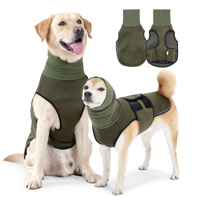 Army Green polyester dog anti-anxiety jacket shown on medium-sized dog