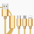 Three-in-one mobile phone charging cable with Micro USB, Lightning and Type-C connectors in six colour options