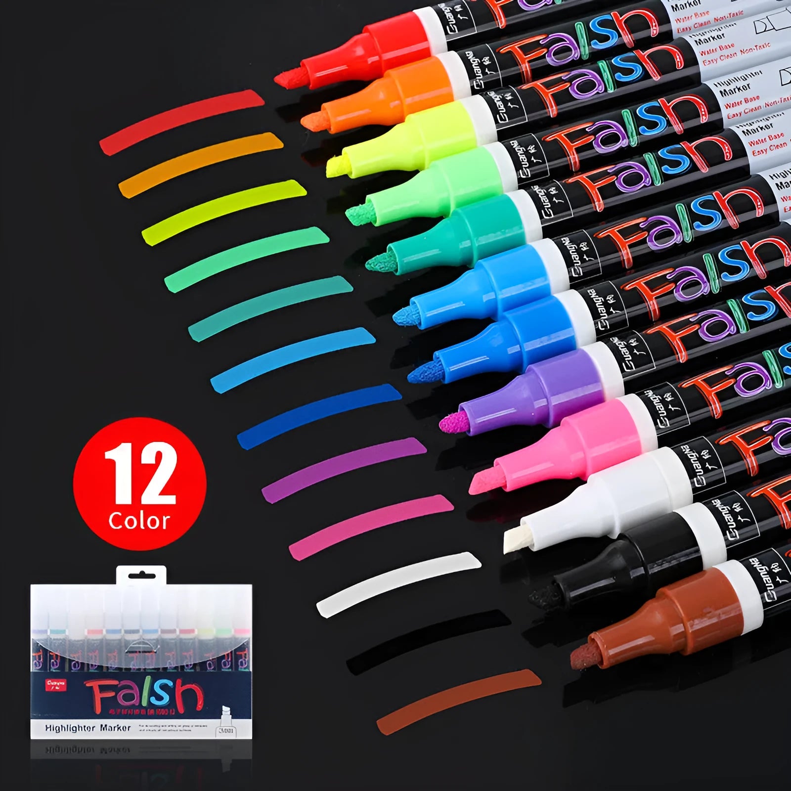 Electronic fluorescent board highlighter with plastic body and 6mm oblique tip, shown with multicolour refill set on card packaging.