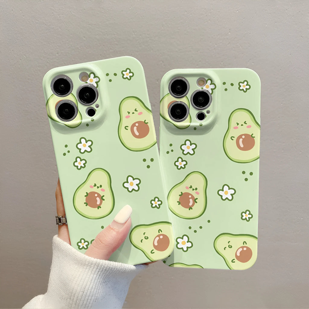 Green avocado film shell iPhone case with floral thermal transfer design and all-inclusive shockproof cover