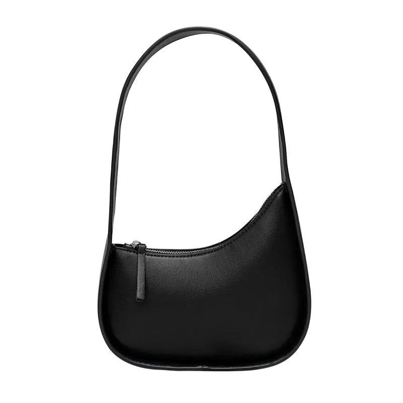 Genuine cowhide leather ladies handbag in half moon shape with wide shoulder strap