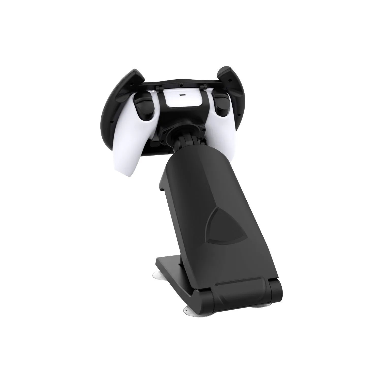 Black ABS plastic gamepad steering wheel bracket with a suction cup base for mounting a mobile phone.