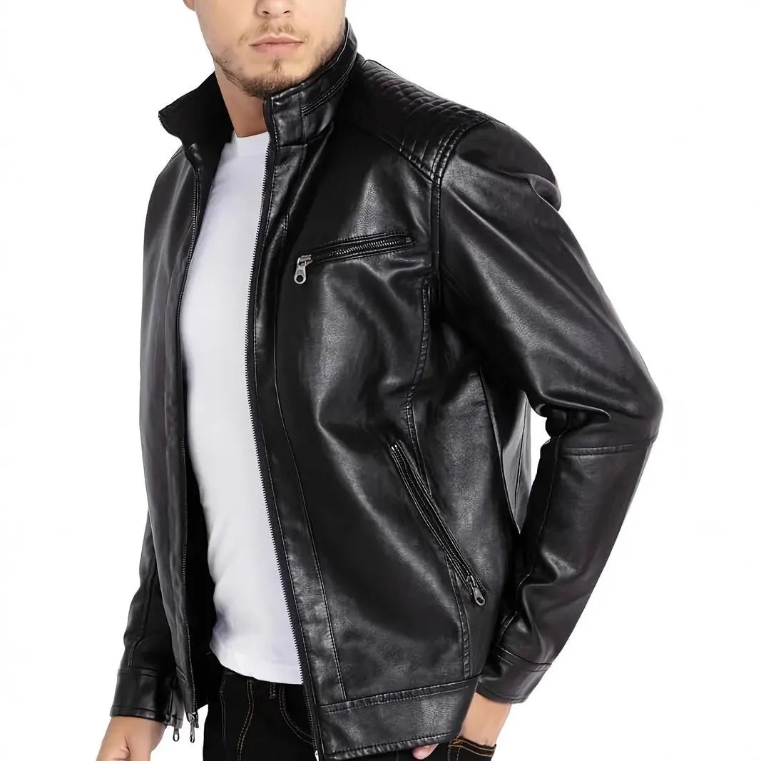 Men's brown punk-style artificial leather motorcycle jacket with a stand collar and patch pocket.