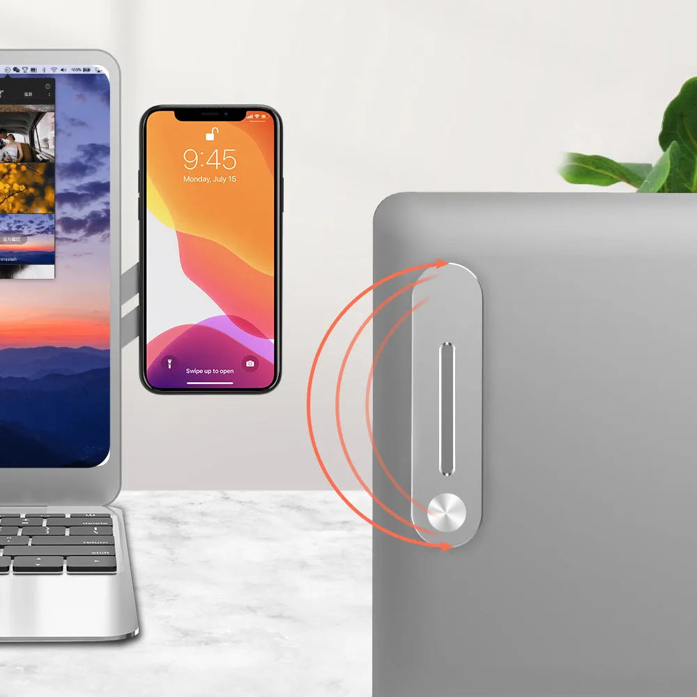 Silver aluminium laptop side mount bracket holding smartphone next to laptop screen
