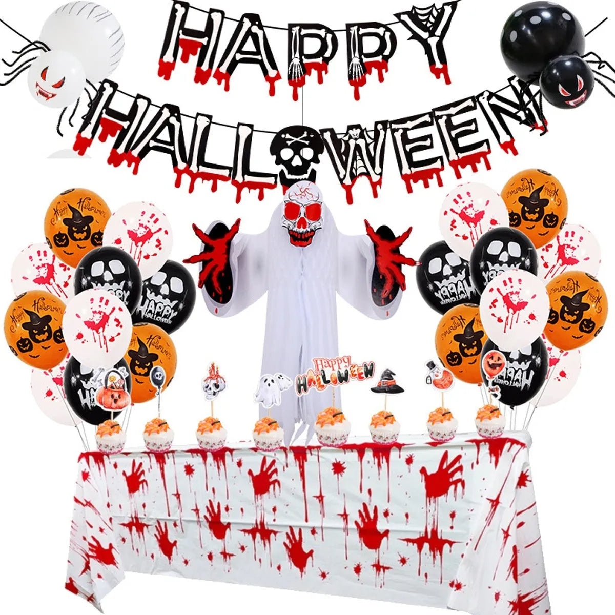 Halloween spider balloon arch combo set with black and white latex balloons featuring skull and pumpkin designs