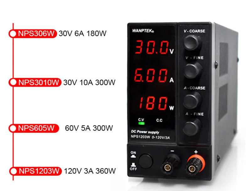 White NPS605W adjustable DC lab power supply with digital display for electronic device repair.