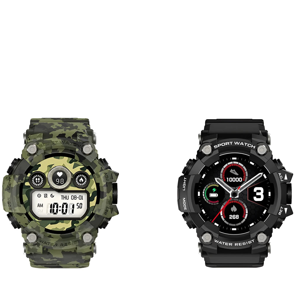 T6 Tactical Rugged Smart Watch bracelet with 1.3-inch screen in black or green, showing alloy shell construction.