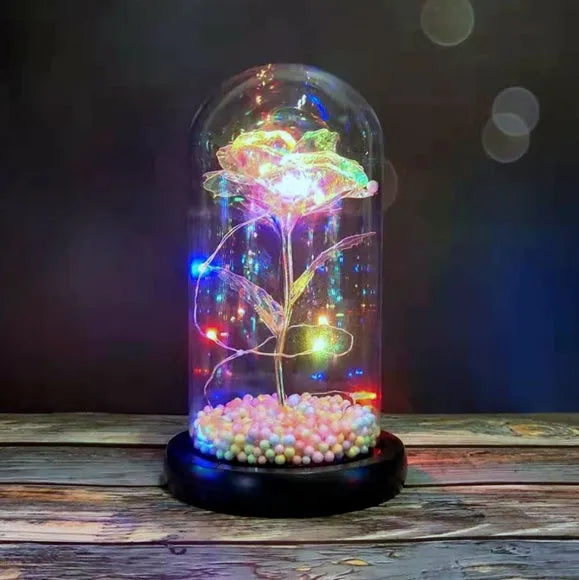 Glass dome eternal rose ornament with LED lights and gold flower for wedding or home decoration
